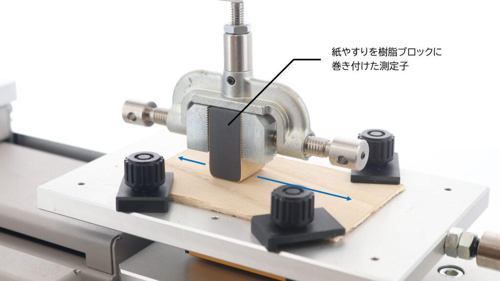 平面往復摺動試験イメージ図(紙やすりと合板)