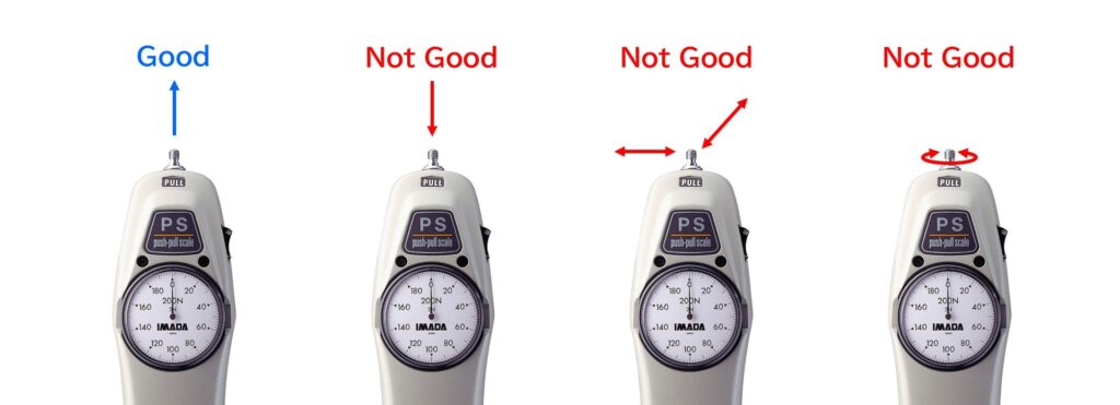 フォースゲージに力を負荷する際の方向を図示しています（真っ直ぐ垂直に力を加えることが重要です）。
